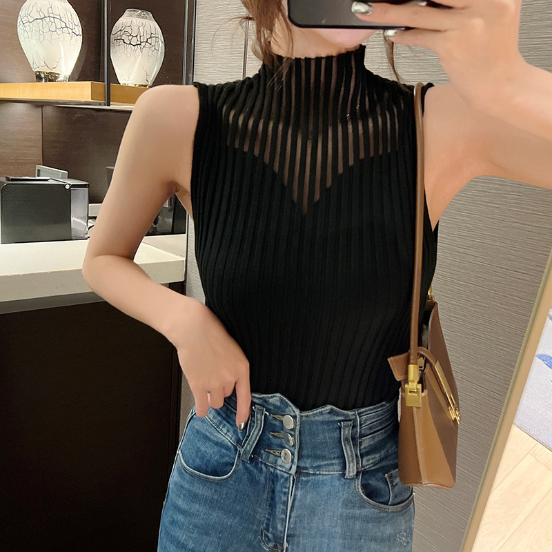 Korean Chic Hollow Knitted Small Tank Top Summer New 2024 Fashionable Design Half High Collar for Women to Look Thin Undercover Korean Chic Hollow Knitted Small Tank Top Summer New 2024 Fashionable Design Half High Collar for Women to Look Thin Undercover