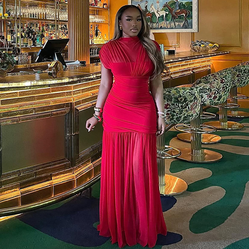 European and American style cross-border temperament slim fit women's clothing solid color patchwork bag hip skirt sleeveless high neck pleated commuting long dress