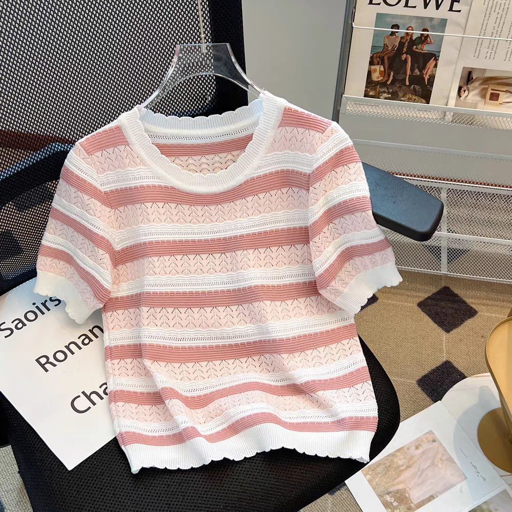 Small Fresh Color Striped Ice Silk Knitted Shirt Women's Summer Shoulder Short sleeved T-shirt Loose Inner Undercover Top