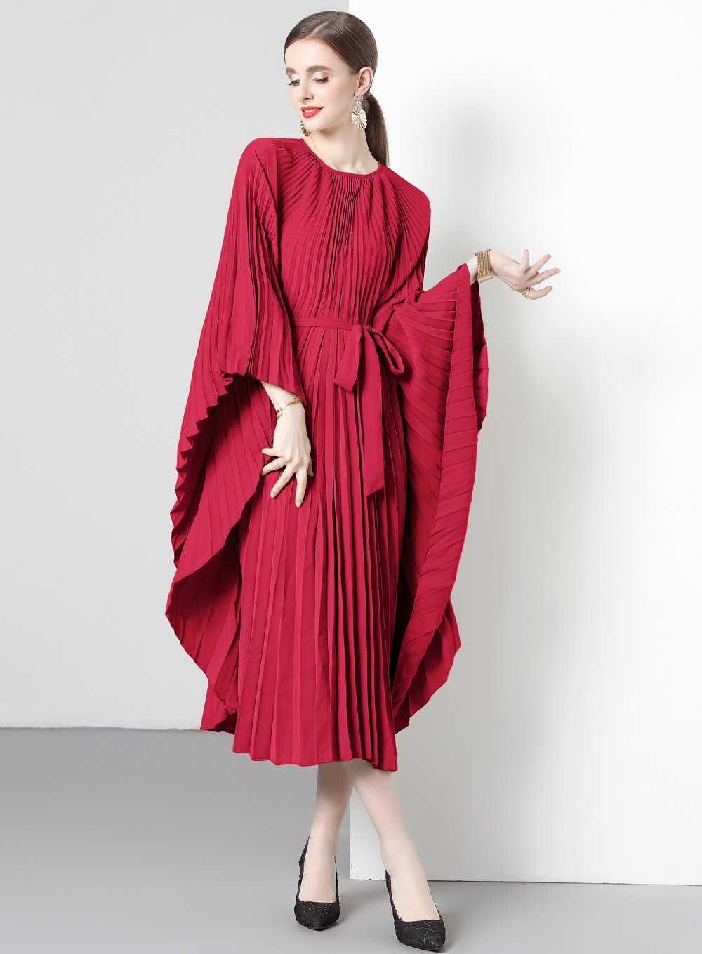 Miyake pleated original quality bat sleeve 5.5-meter oversized skirt accordion pleated dress