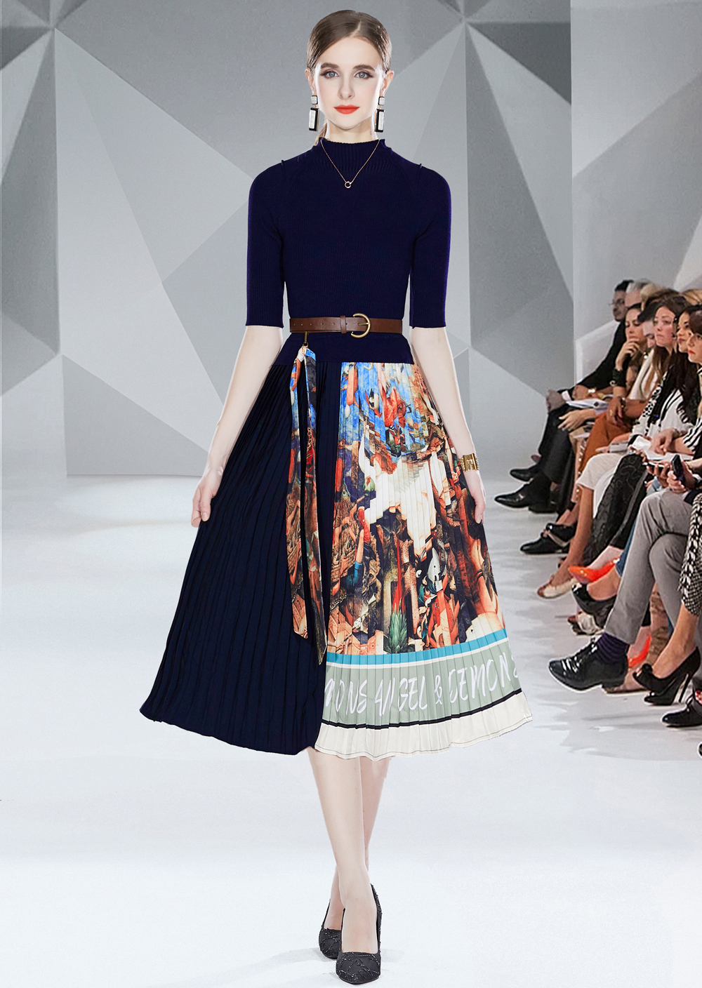 Realistic photo of slim fit lace up small fragrant style long sleeved high waisted pleated knitted dress on special offer Realistic photo of slim fit lace up small fragrant style long sleeved high waisted pleated knitted dress on special offer