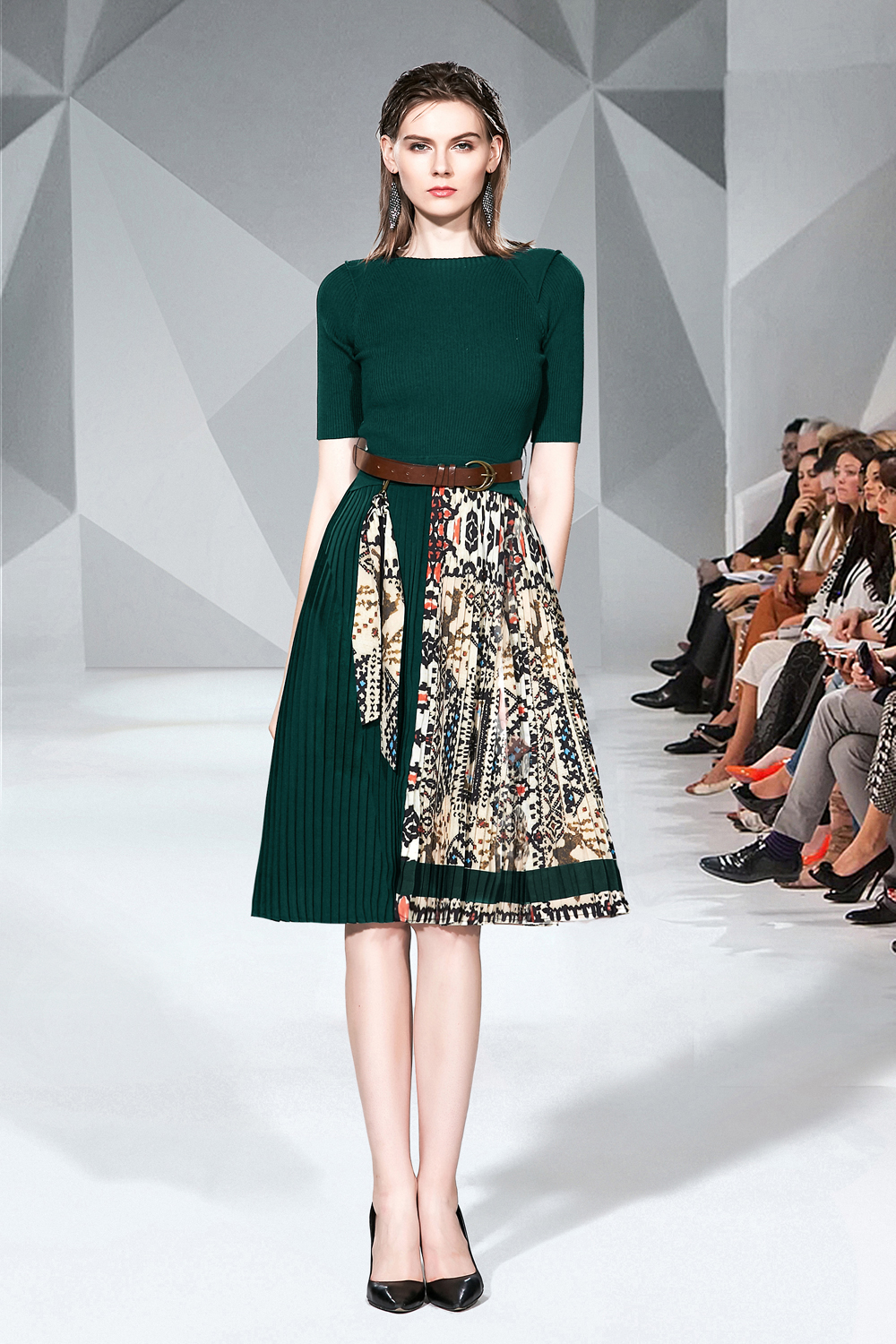 Realistic photo of slim fit lace up small fragrant style high waisted pleated knitted dress at special price Realistic photo of slim fit lace up small fragrant style high waisted pleated knitted dress at special price