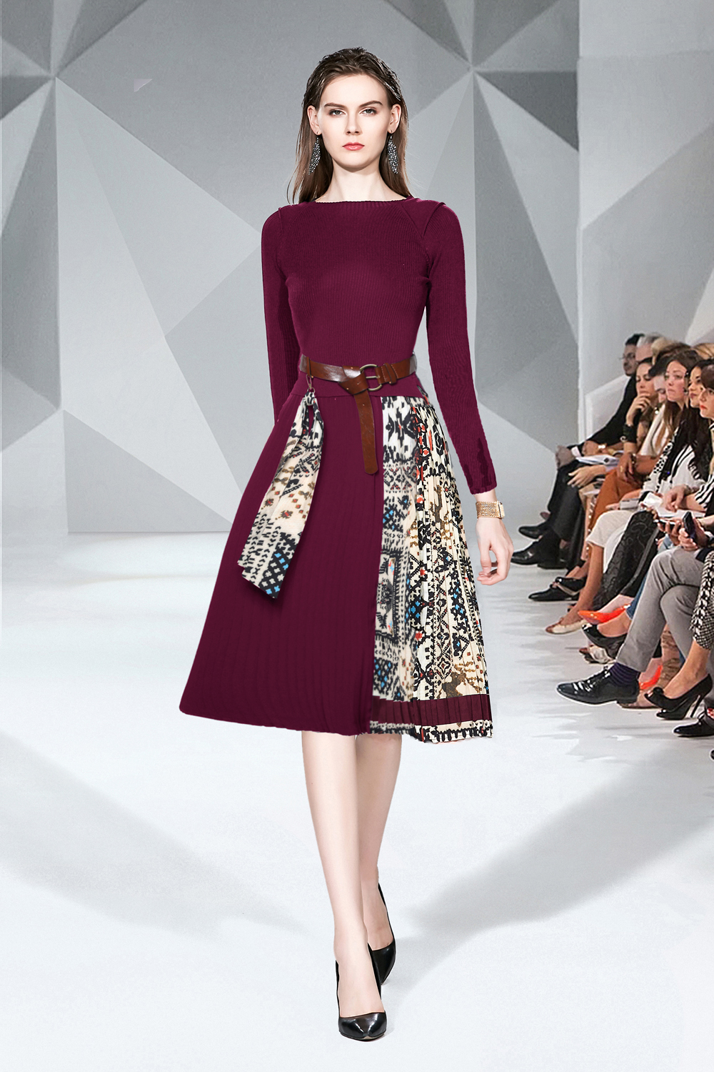 Realistic photo of slim fit lace up small fragrant style high waisted pleated knitted dress at special price Realistic photo of slim fit lace up small fragrant style high waisted pleated knitted dress at special price