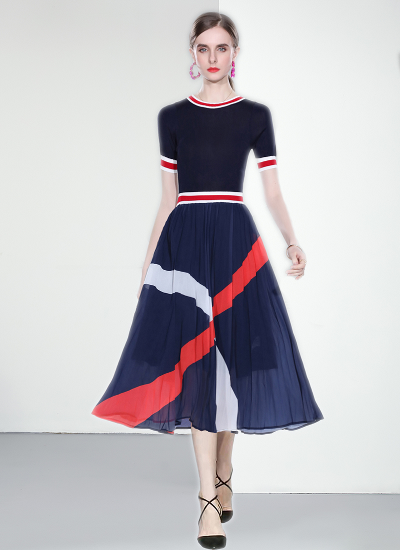 Factory direct sales fashion knitwear patchwork chiffon printed large swing dress