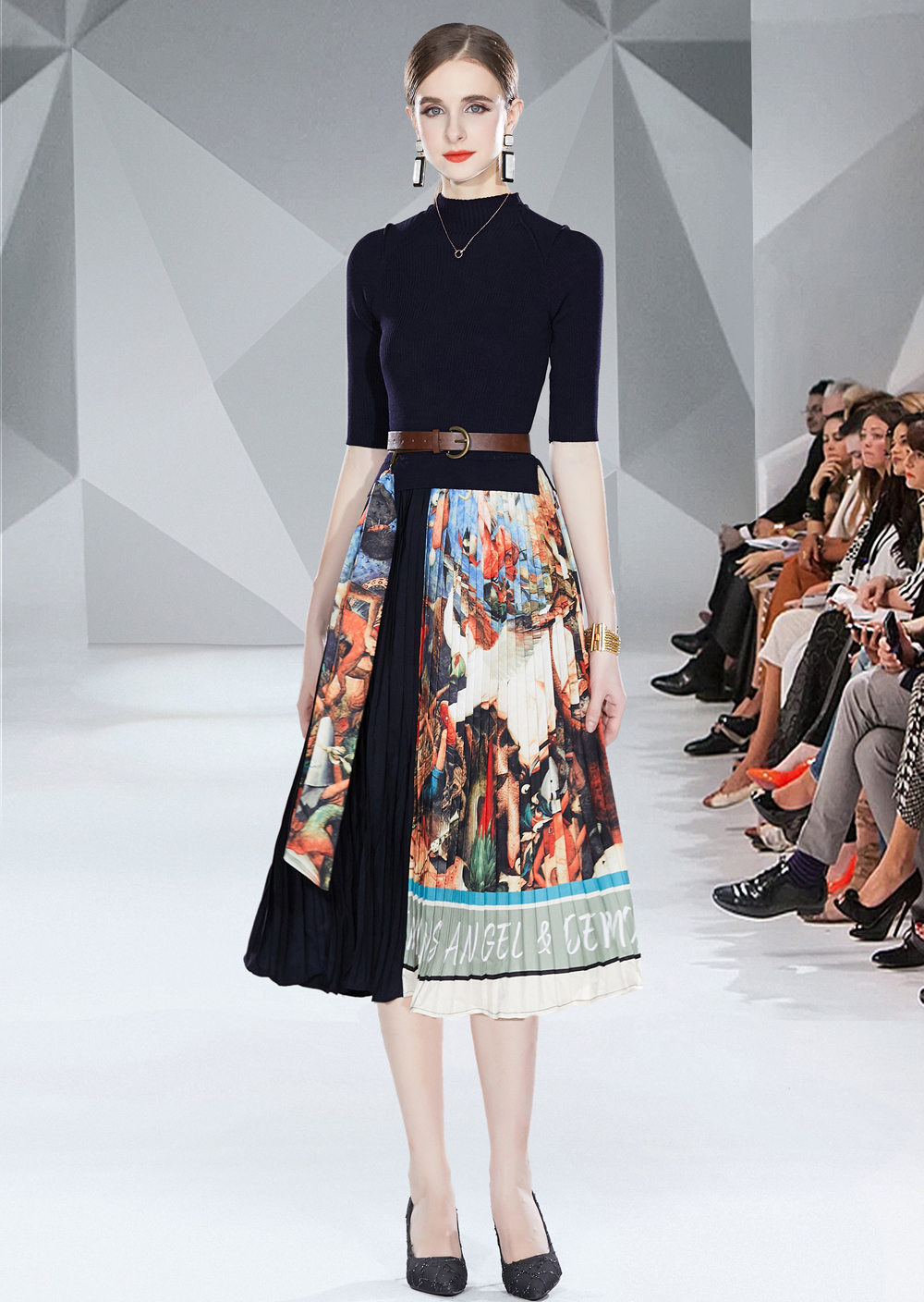 Realistic photo of slim fit lace up small fragrant style long sleeved high waisted pleated knitted dress on special offer Realistic photo of slim fit lace up small fragrant style long sleeved high waisted pleated knitted dress on special offer