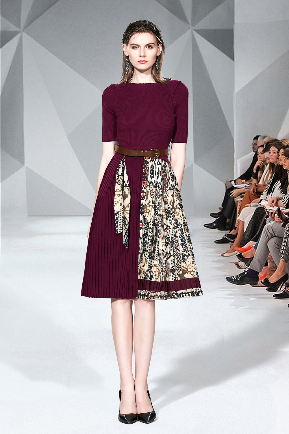 Realistic photo of slim fit lace up small fragrant style high waisted pleated knitted dress at special price