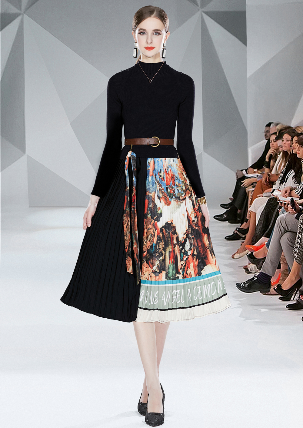 Realistic photo of slim fit lace up small fragrant style long sleeved high waisted pleated knitted dress on special offer Realistic photo of slim fit lace up small fragrant style long sleeved high waisted pleated knitted dress on special offer