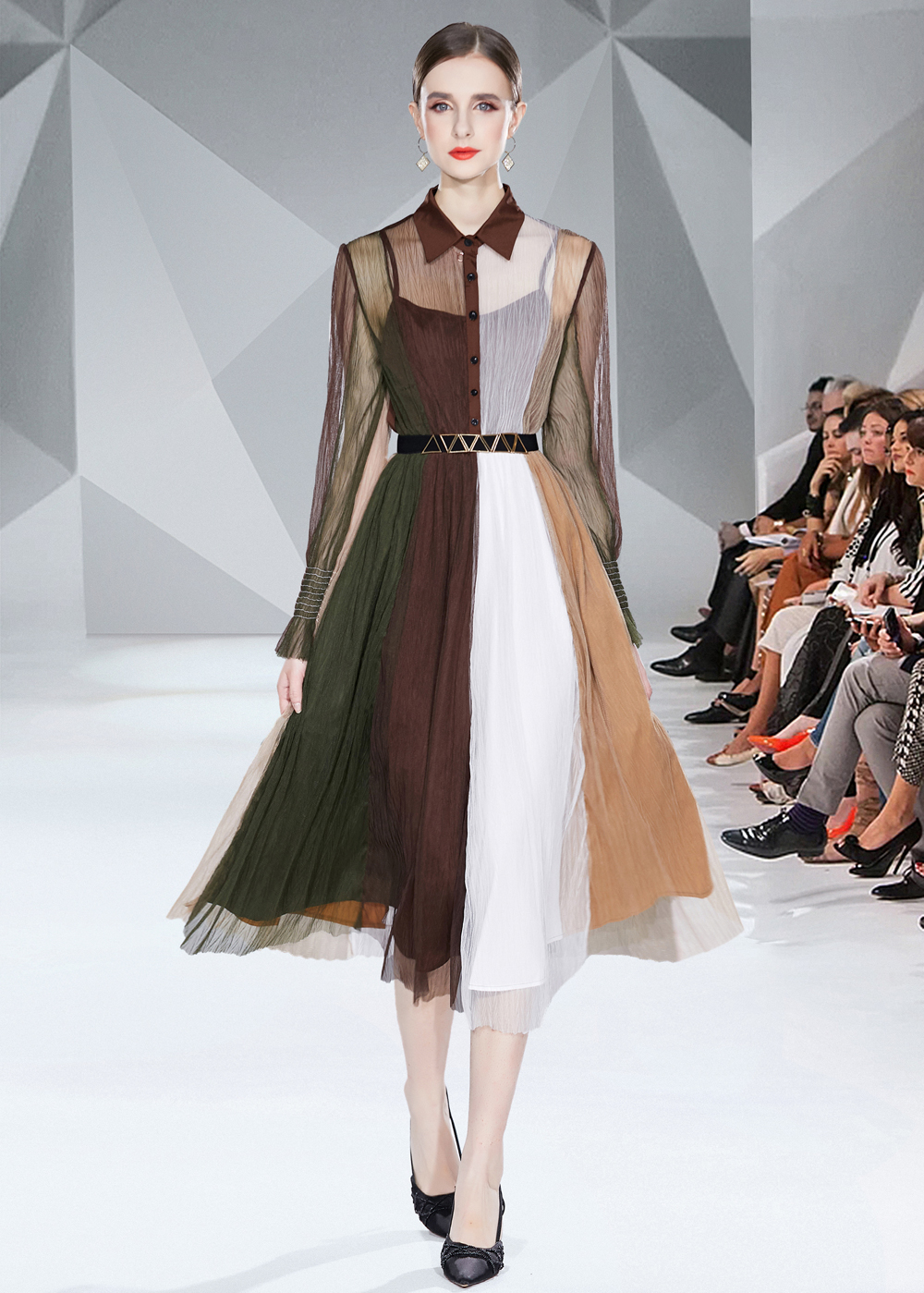 Factory direct sales of Miyake pleated contrasting waist cinched mesh pleated dress