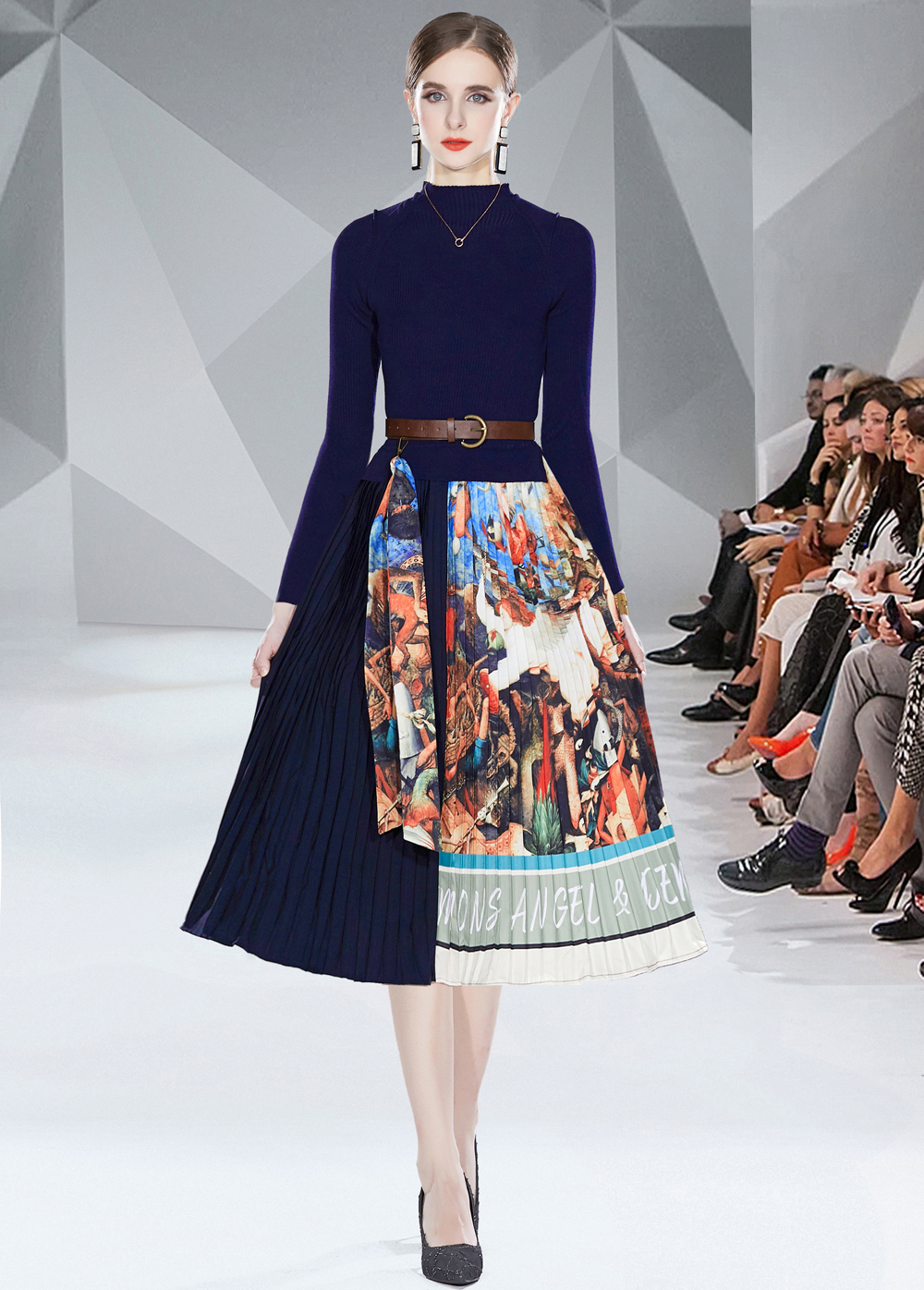 Realistic photo of slim fit lace up small fragrant style long sleeved high waisted pleated knitted dress on special offer Realistic photo of slim fit lace up small fragrant style long sleeved high waisted pleated knitted dress on special offer