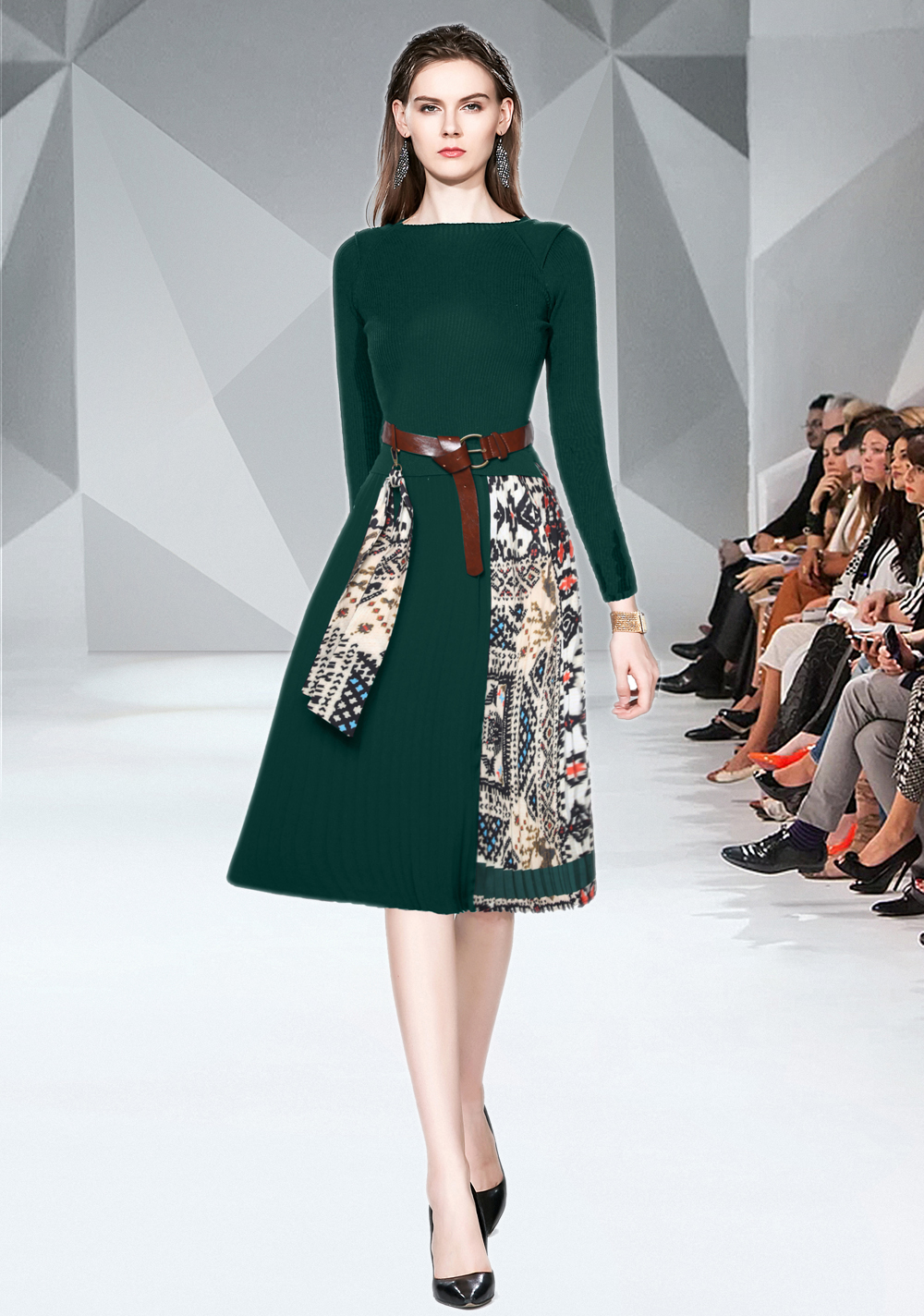 Realistic photo of slim fit lace up small fragrant style high waisted pleated knitted dress at special price Realistic photo of slim fit lace up small fragrant style high waisted pleated knitted dress at special price