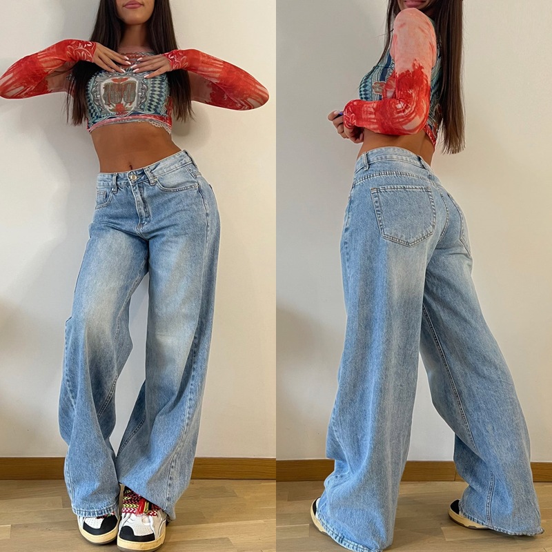 2025 European and American Cross border New Retro American Long Leg Wide Leg Pants, Spicy Girl Loose Jeans, Women's High Waist Straight Leg Pants