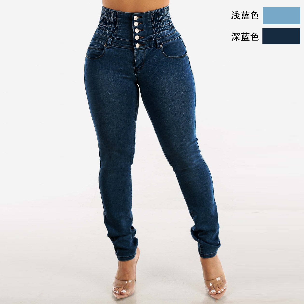 Cross border European and American style 2025 new elastic slimming jeans women's button pencil slim fit high waist and hip lifting pants