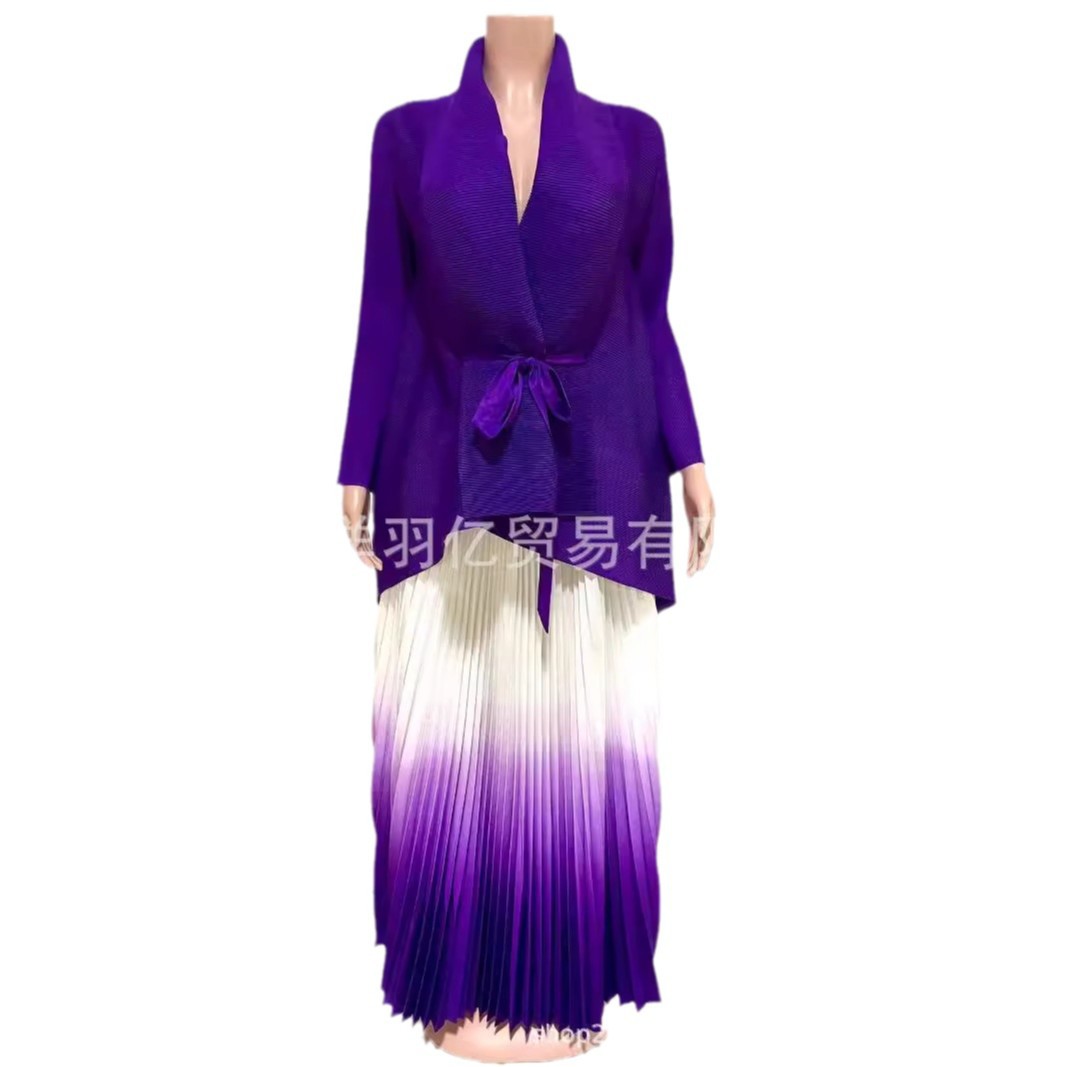 Cross border European, American, and African three bedroom pleated printed top+gradient color 360 degree swing skirt set Cross border European, American, and African three bedroom pleated printed top+gradient color 360 degree swing skirt set