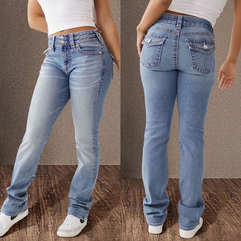 Amazon Foreign Trade Cross border 2025 Spring New Double Button Middle Waist Straight leg Jeans for Women's Slimming Style Pants