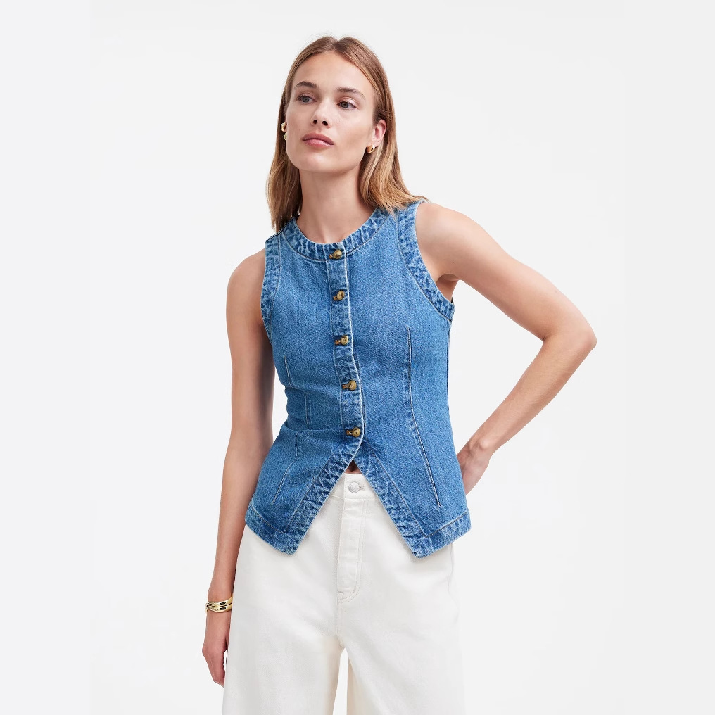 2025 summer new European and American cross-border foreign trade sleeveless slim fit denim vest women's round neck camisole