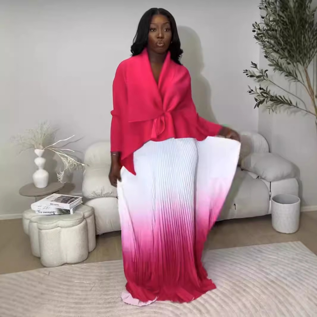 Cross border European, American, and African three bedroom pleated printed top+gradient color 360 degree swing skirt set Cross border European, American, and African three bedroom pleated printed top+gradient color 360 degree swing skirt set
