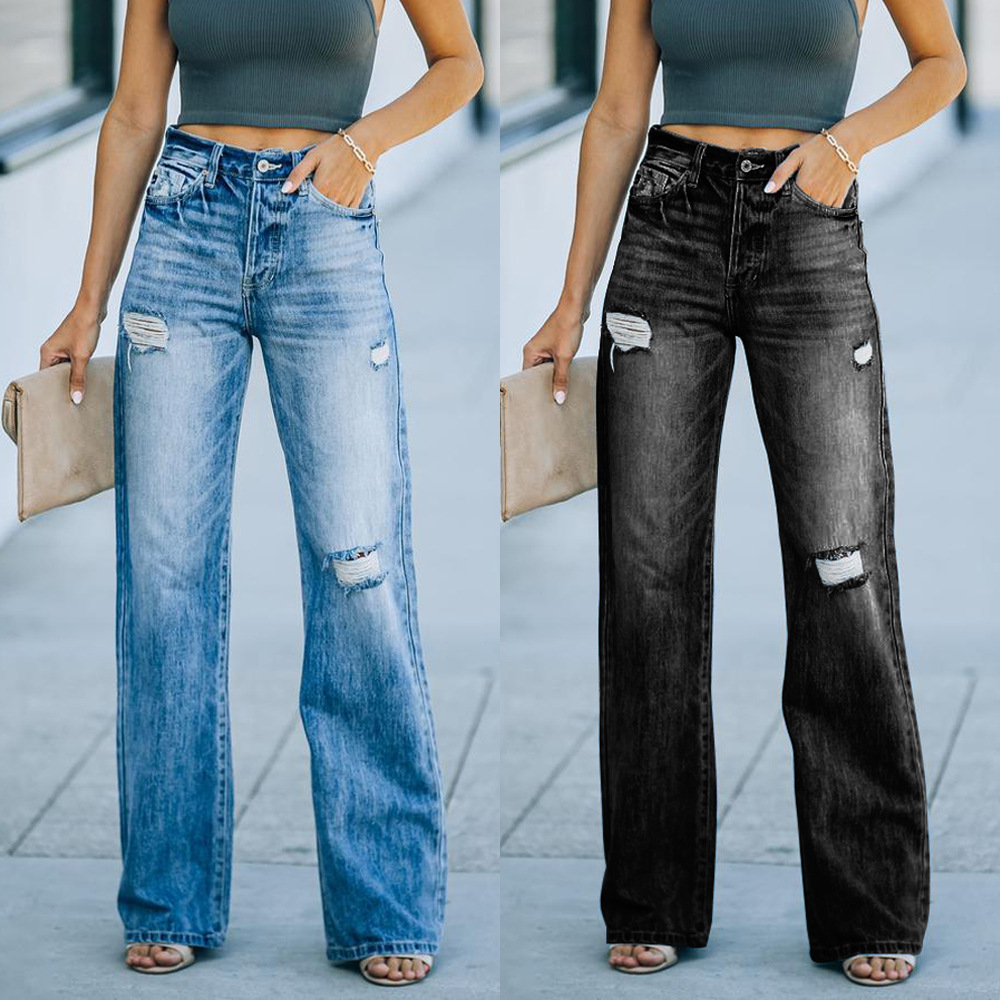 Factory direct sales, spot goods, foreign trade wholesale, denim jeans, women's fashion washed, ripped holes, slimming, wide leg jeans, denim pants