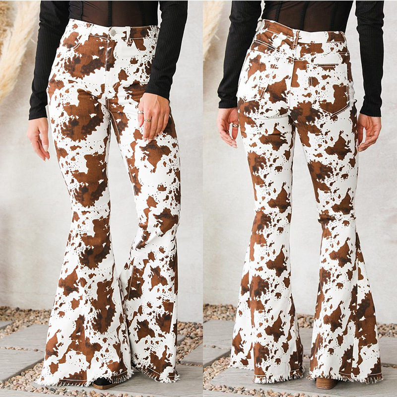 Factory direct sales of 2023 new European and American women's jeans with white background printed brown high waisted bell bottom pants in stock wholesale
