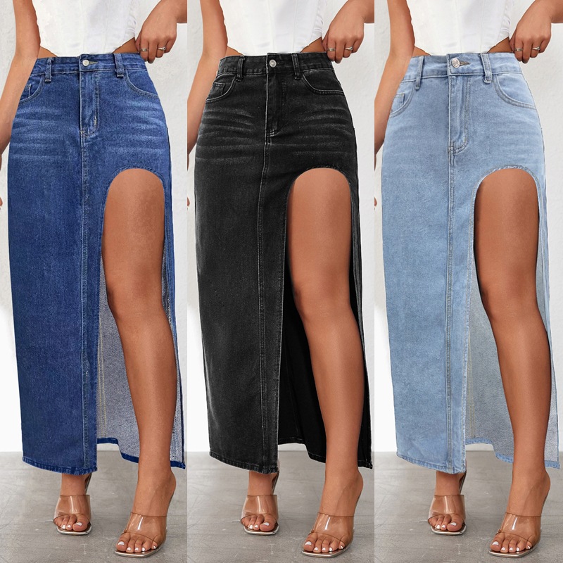 Manufacturer direct sales of European and American cross-border high slit half length denim skirt for women in the spring and summer of 2025, new washed solid color mid length skirt