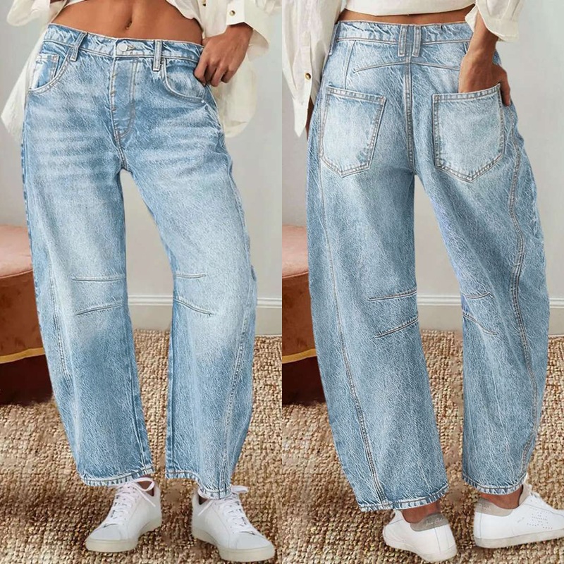Cross border 2025 new European and American retro banana pants loose curved knife pants wide leg pants mid waist straight leg jeans for women