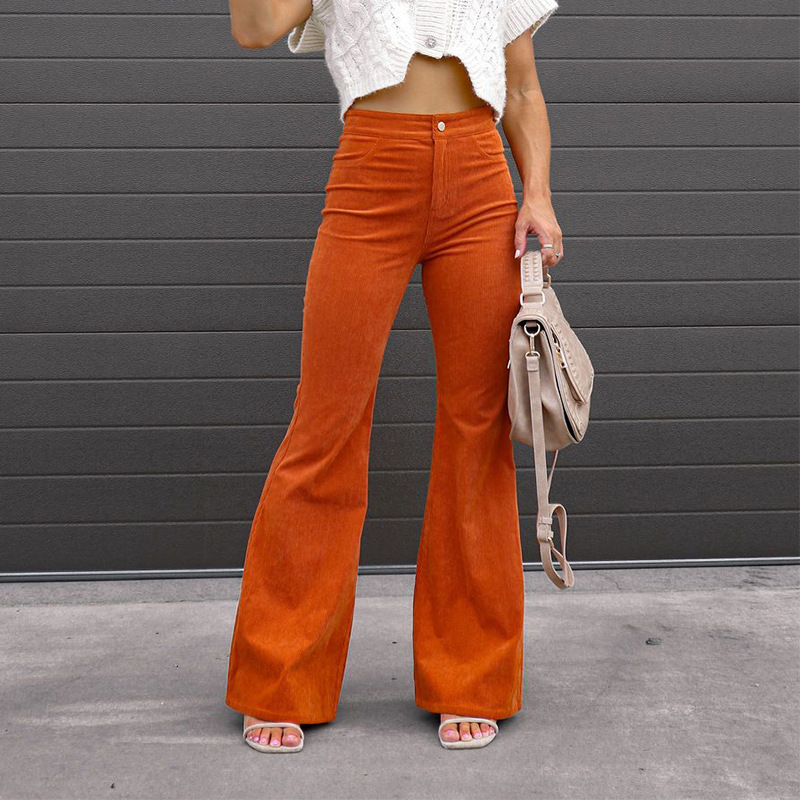 Manufacturer direct sales cross-border European and American 2025 Spring and Autumn women's clothing solid color mid waist slim fit micro flared pants corduroy casual pants
