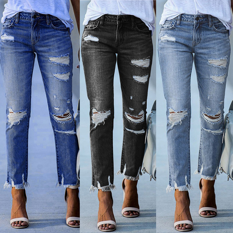 Factory direct sales of 2025 new washed distressed fringe women's jeans European and American slim fit elastic small leg pants wholesale
