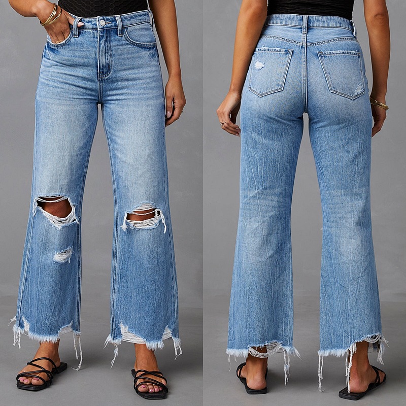 2025 Cross border New Wide Leg Pants with Tassel, Washed, Tie Dyed, Broken Hole, High Waist Jeans, Straight Tube Casual Pants for Women