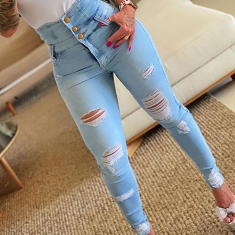 Factory stock 2025 European and American style cross-border high waisted distressed jeans with holes, women's personalized trendy small leg pants