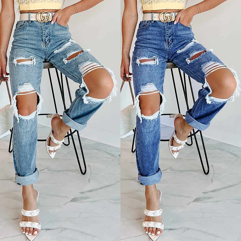 Manufacturer direct sales American straight leg women's jeans high waist slimming 2022 new European foreign trade perforated jeans