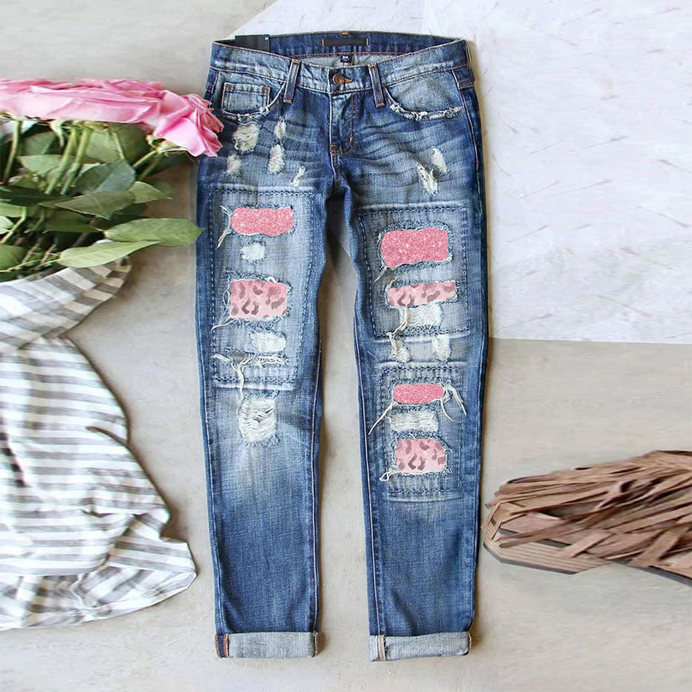 2025 Spring New Punched Jeans Women's AliExpress Amazon Hot Selling Printed Fabric Casual Versatile Pants