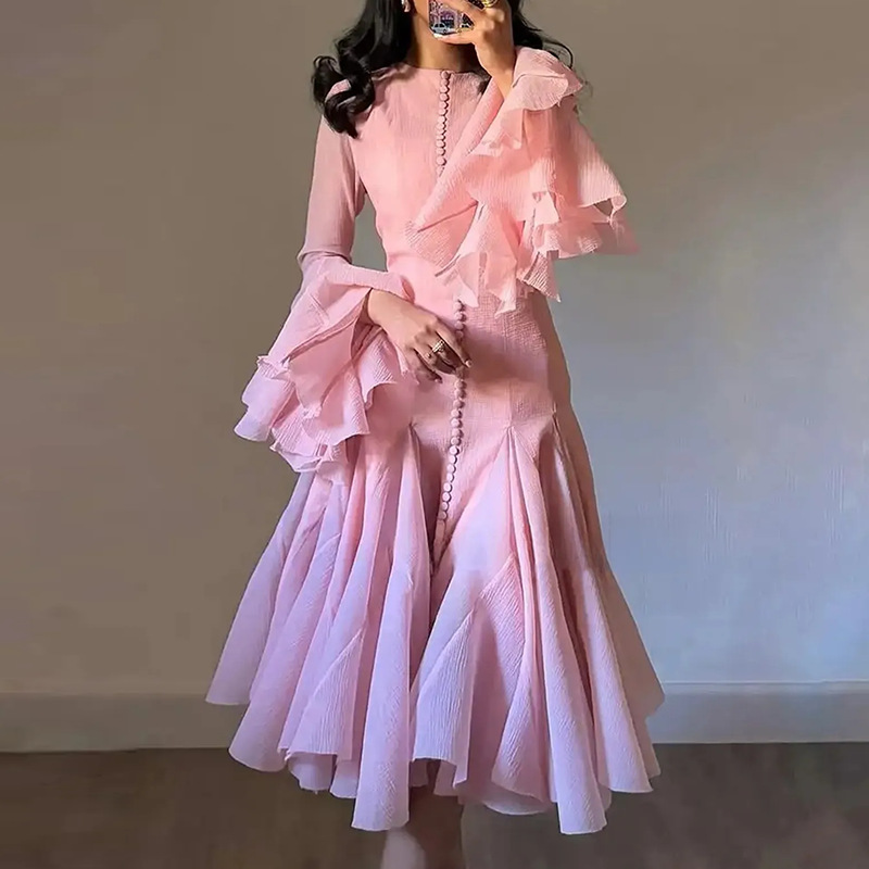 Cross border hot selling ruffle edge dress for women's summer 2025 new fashion high neck long sleeved high-end feeling waist cinched mid length skirt