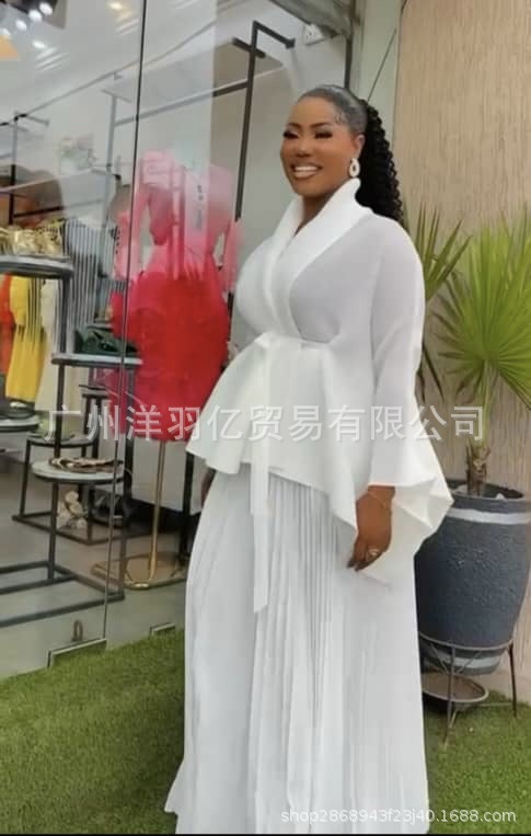 Cross border European, American, and African three bedroom pleated printed top+gradient color 360 degree swing skirt set Cross border European, American, and African three bedroom pleated printed top+gradient color 360 degree swing skirt set