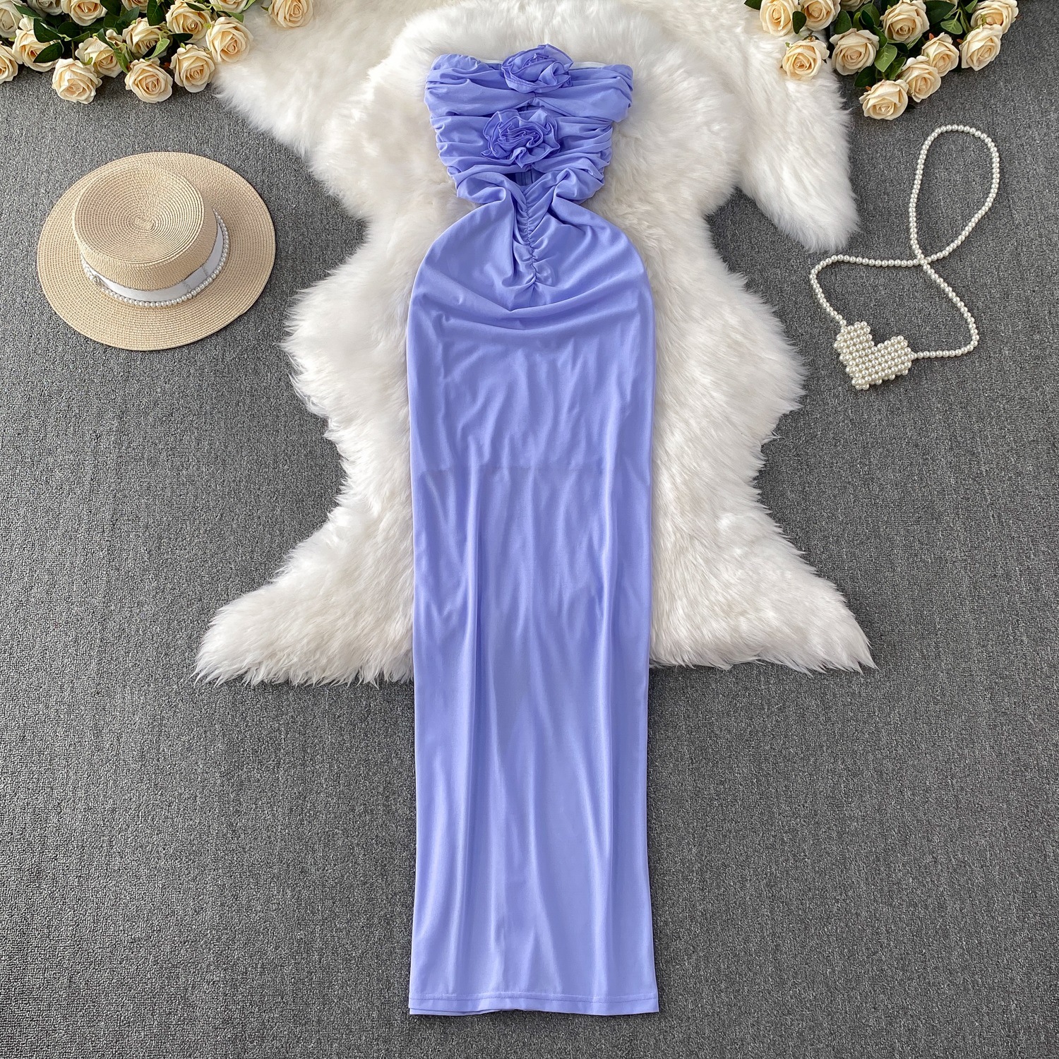 Design sense niche heart machine hollow chest display sleeveless three-dimensional flower dress for women's summer slim fit pleated long skirt