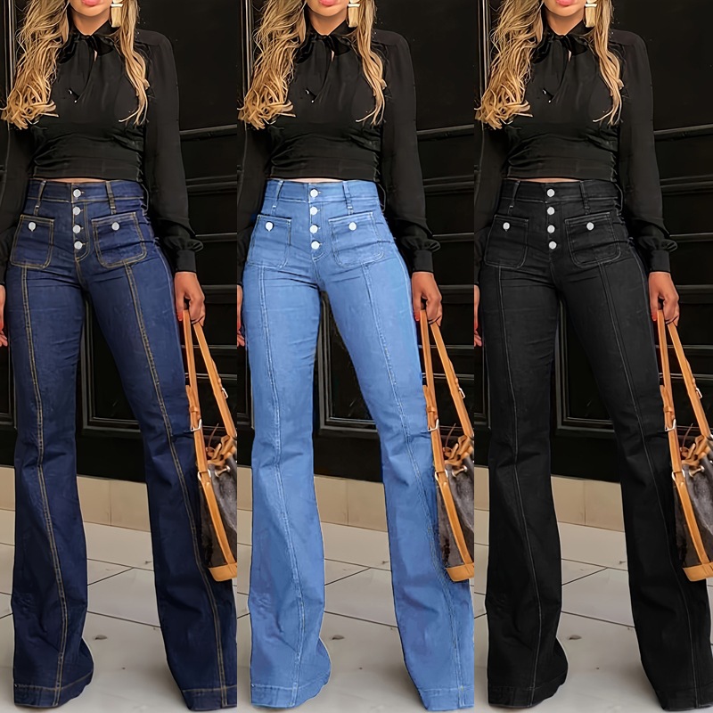 Cross border 2025 Spring European and American New Buckle High Waist Jeans, Women's slimming temperament, flared pants, long pants in stock