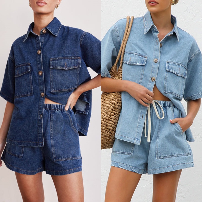 European and American cross-border retro casual loose pocket short sleeved shirt shorts denim two-piece set