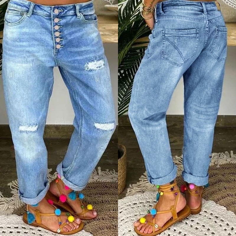 2025 European and American cross-border new blue ripped jeans women's loose straight casual pants in stock