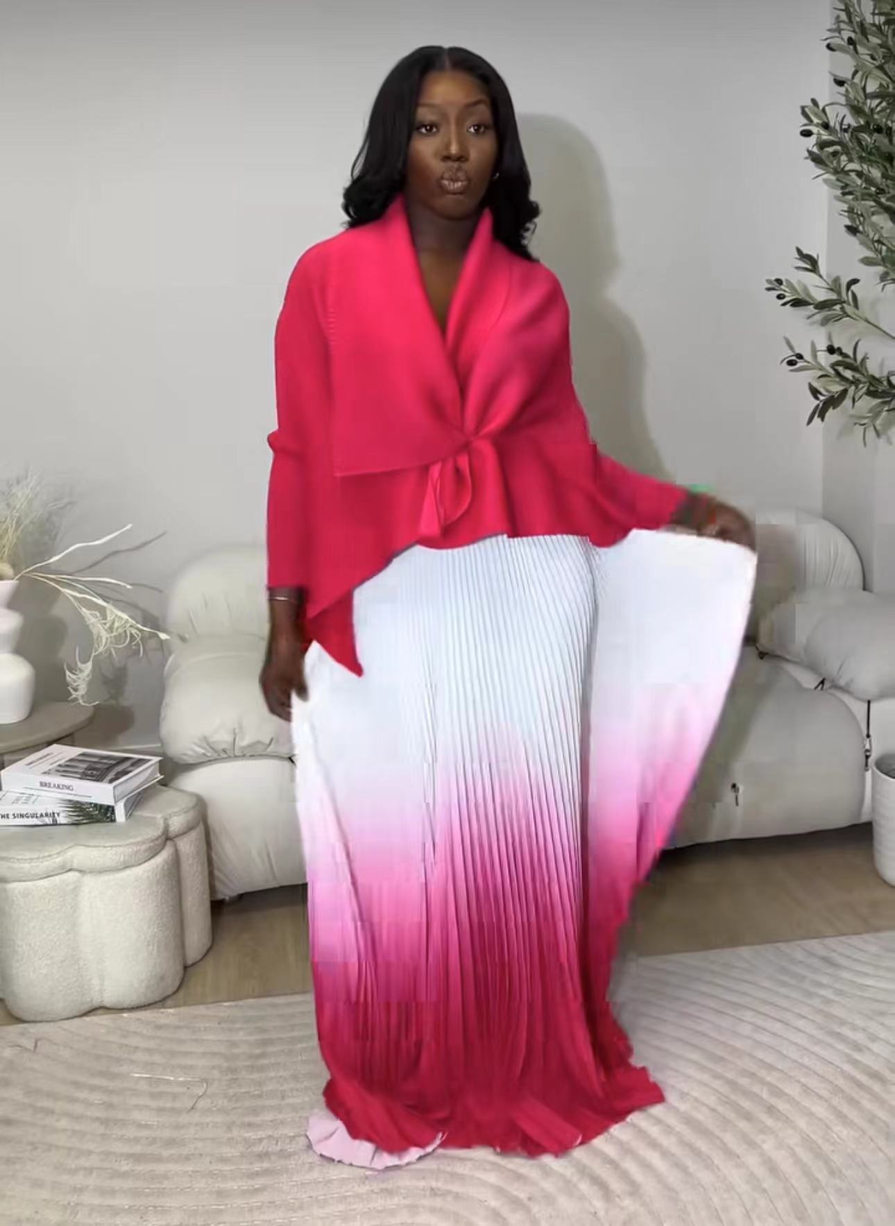 Cross border European, American, and African three bedroom pleated printed top+gradient color 360 degree swing skirt set Cross border European, American, and African three bedroom pleated printed top+gradient color 360 degree swing skirt set