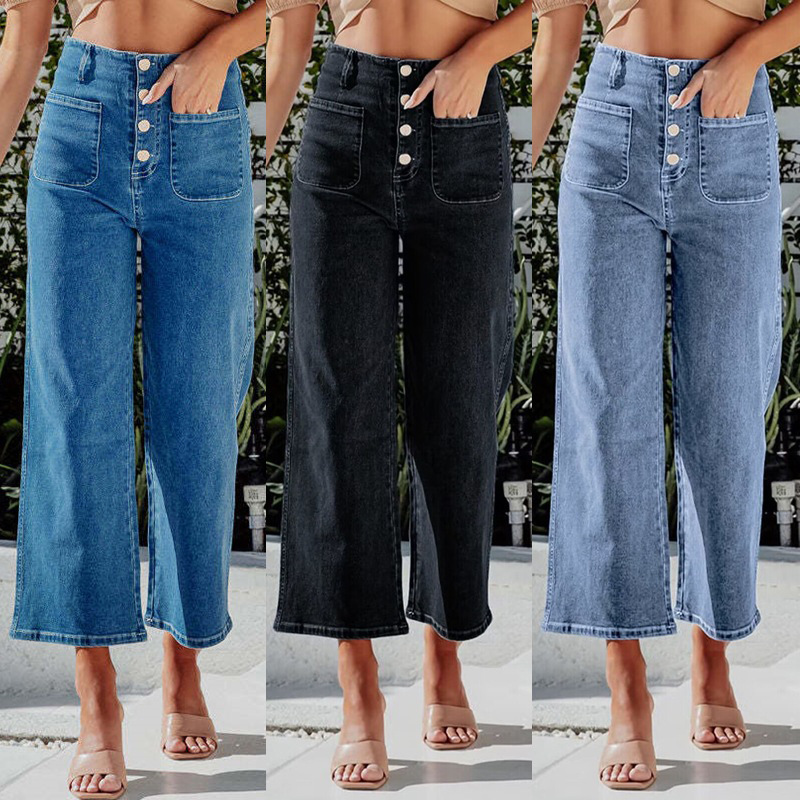 2025 Autumn New European and American Cross border Buckle Elastic Jeans for Women, High Waist, Stylish and Skinny, Washed Straight Leg Pants