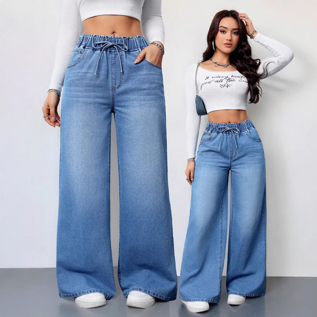 Cross border washed solid color high waist wide leg pants 2025 new elastic waist women's jeans loose slimming pants for women