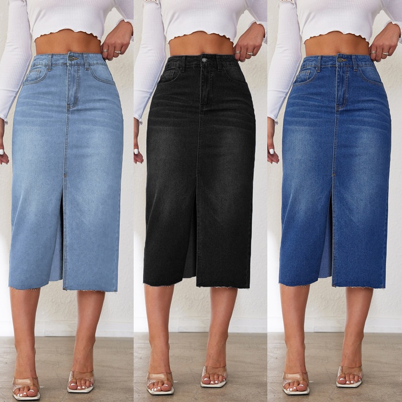 Factory direct foreign trade cross-border 2025 American retro non elastic half body denim skirt for women, mid to long split half skirt