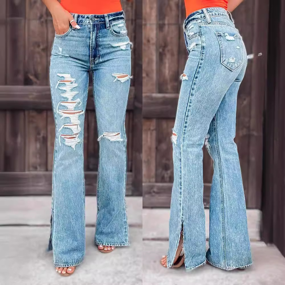 Factory direct sales of 2025 new cross-border European and American foreign trade women's jeans, high waisted ripped pants, micro flared split pants