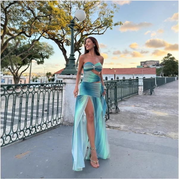 25 spot independent Amazon cross-border hot selling summer new item wrapped chest print slit slim fit dress