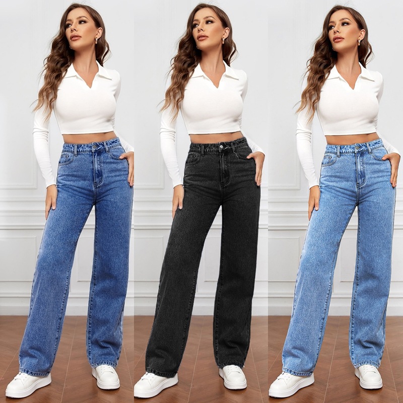 2025 new cross-border European and American high waisted washed women's jeans Amazon long fashion versatile straight leg pants