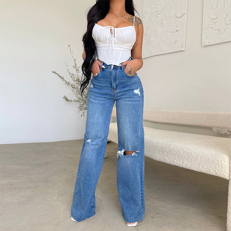 Manufacturer direct sales of Amazon women's jeans, long high waisted with holes and rough edges, hot selling European and American style comfortable wide leg pants