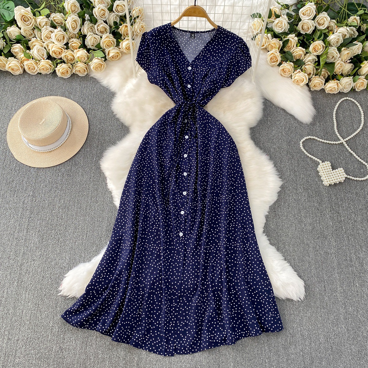 French red polka dot V-neck short sleeved dress for women in summer, with a single breasted buckle and tied waist for slimming effect. A-line medium length skirt French red polka dot V-neck short sleeved dress for women in summer, with a single breasted buckle and tied waist for slimming effect. A-line medium length skirt