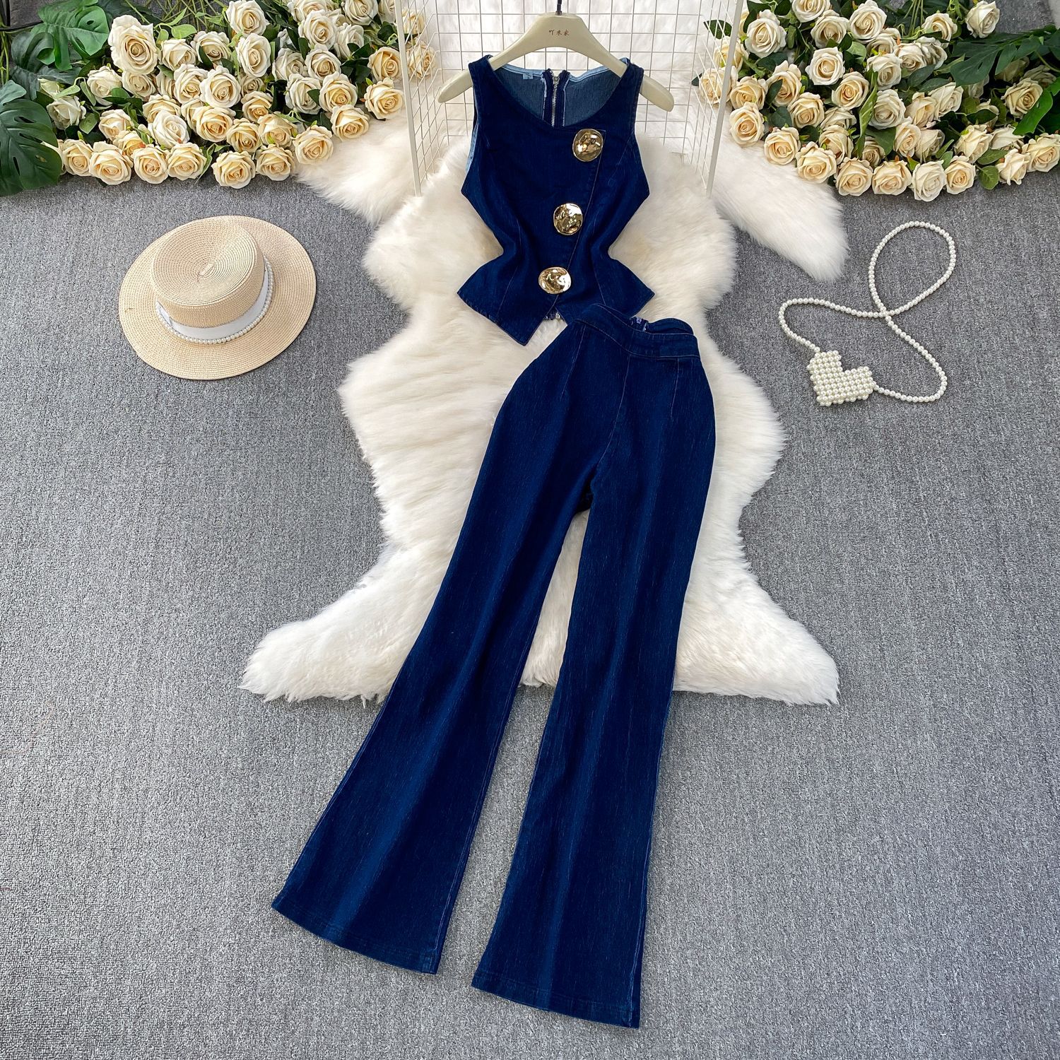 Fashionable outfit with stylish design, metal buckle round neck sleeveless denim vest+high waisted wide leg pants set