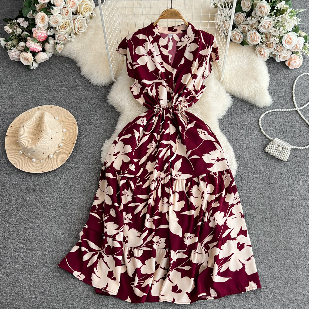High end feeling, light luxury temperament, flying sleeves, V-neck, waist cinching, slimming effect, A-line ruffle print dress, elegant long skirt High end feeling, light luxury temperament, flying sleeves, V-neck, waist cinching, slimming effect, A-line ruffle print dress, elegant long skirt