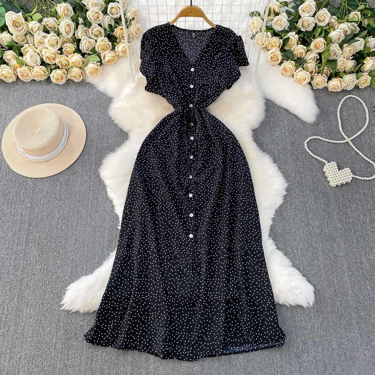 French red polka dot V-neck short sleeved dress for women in summer, with a single breasted buckle and tied waist for slimming effect. A-line medium length skirt French red polka dot V-neck short sleeved dress for women in summer, with a single breasted buckle and tied waist for slimming effect. A-line medium length skirt