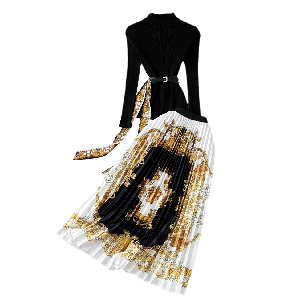 Fashion set, women's stand up collar, slim fit and slimming knit top, two-piece set, high waist, Baroque printed pleated skirt Fashion set, women's stand up collar, slim fit and slimming knit top, two-piece set, high waist, Baroque printed pleated skirt