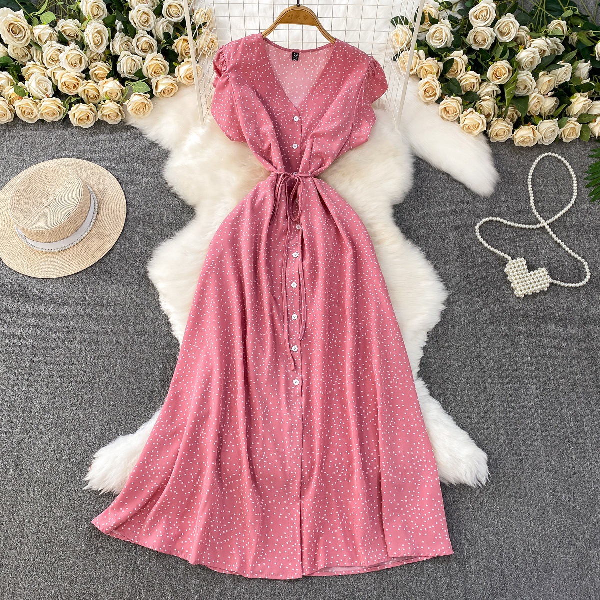 French red polka dot V-neck short sleeved dress for women in summer, with a single breasted buckle and tied waist for slimming effect. A-line medium length skirt French red polka dot V-neck short sleeved dress for women in summer, with a single breasted buckle and tied waist for slimming effect. A-line medium length skirt